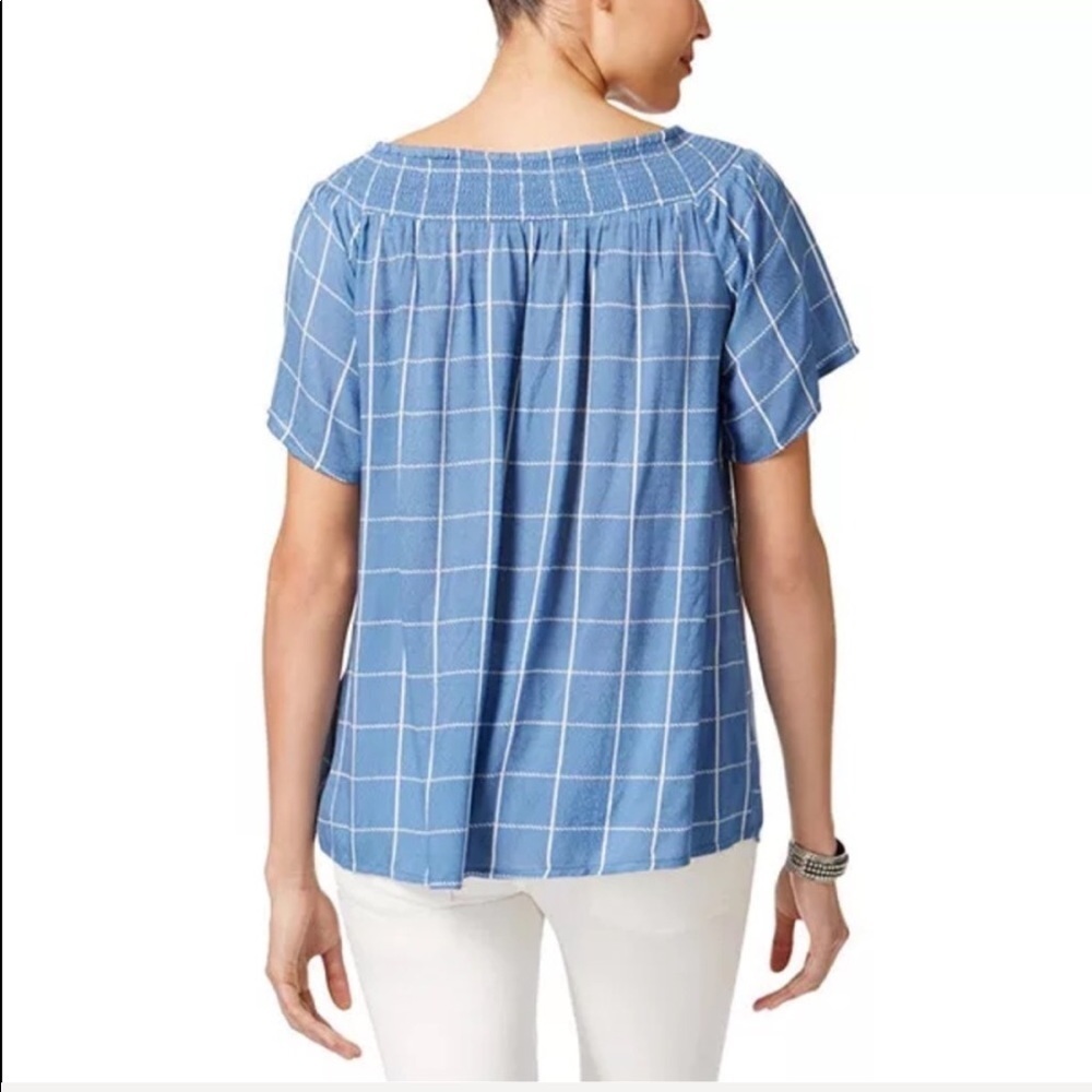 NWT Style & Co Poolside Check Off Shoulder Top - Picture 2 of 7
